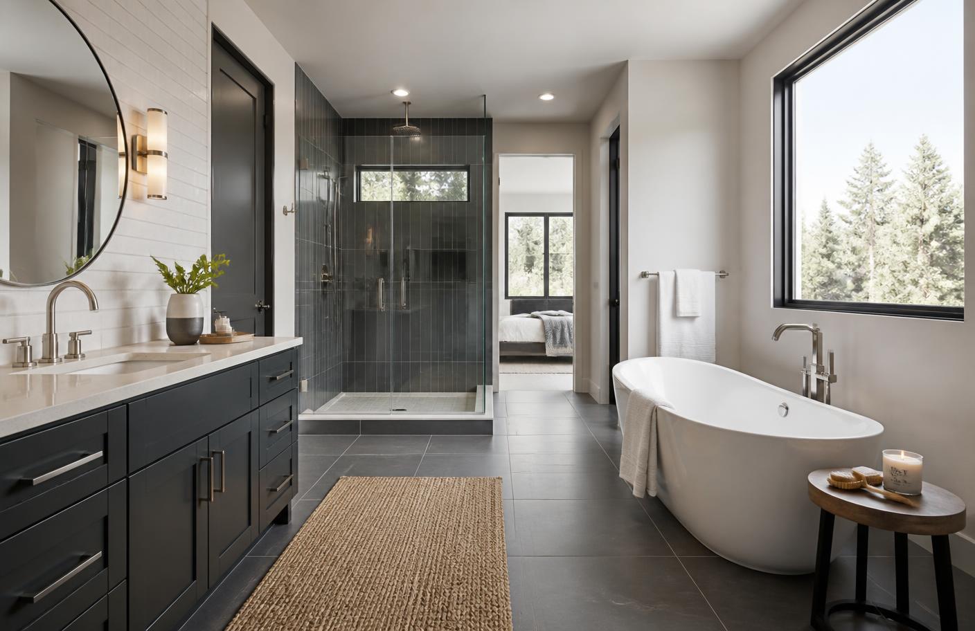 Modern American home bathroom with a walk-in shower and freestanding bathtub
